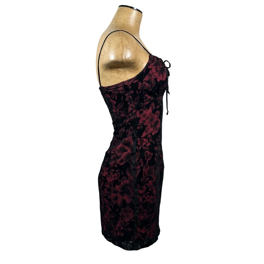 Evolution Not Revolution Vintage 90s Red Black Floral Velvet Burnout Mini Dress - Picture 2 of 9